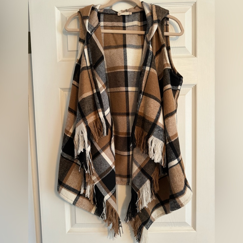Altar’d State Women's Brown Plaid Hooded Cardigan Vest - Size Medium